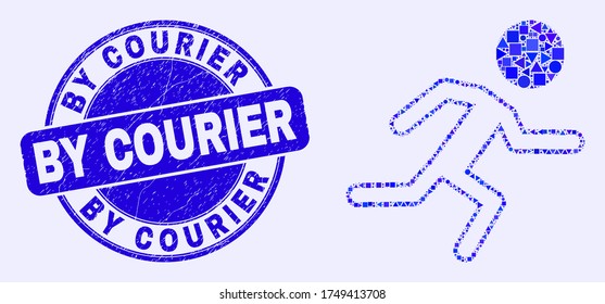 Geometric running boy mosaic icon and By Courier stamp. Blue vector rounded grunge seal stamp with By Courier caption. Abstract mosaic of running boy done of circle, triangles,