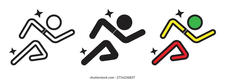 Geometric running man icon set with sparkling elements in three distinct styles. Ideal for modern fitness apps and athletic branding.