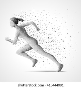 Geometric running young woman, particle divergent composition. Abstract polygonal illustration.