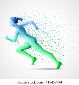 Geometric running young woman, particle divergent composition. Gradient blue - green. Abstract polygonal illustration.