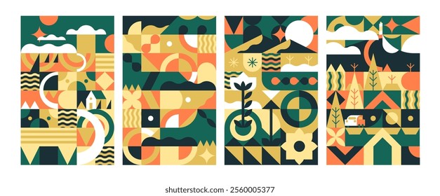 Geometric rural nature on posters set. Stylized countryside landscapes, abstract farm sceneries, village views on cards in cubist style. Contemporary interior decoration. Flat vector illustrations