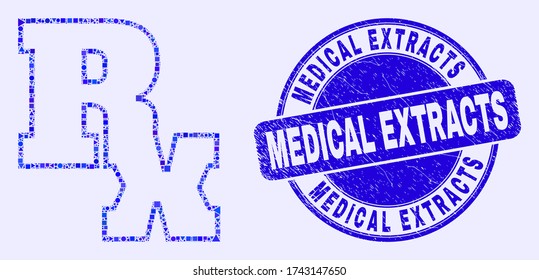 Geometric Rx symbol mosaic icon and Medical Extracts watermark. Blue vector round scratched watermark with Medical Extracts phrase. Abstract mosaic of Rx symbol composed of round, triangles,