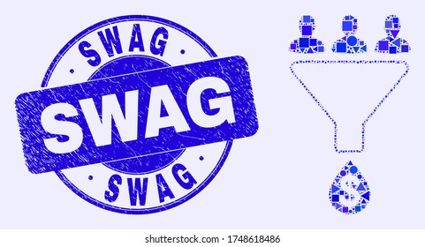 Geometric sales funnel mosaic pictogram and Swag seal. Blue vector round grunge seal stamp with Swag title. Abstract mosaic of sales funnel constructed of circle, triangles, square geometric elements.