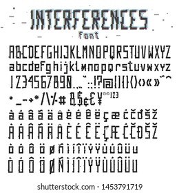 Geometric Sans Serif Blocks, Font Type. Interference, Noise, Grunge, Polygons, Pixels, Burst, Blast, Shatter, Explode. Typography, text, full language support alphabet.