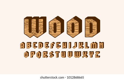 Geometric sans serif bulk font with wooden texture. Letters for logo and emblem design. Color print on light background