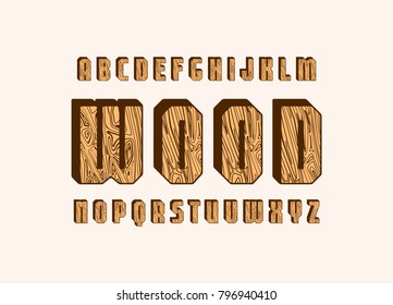 Geometric sans serif bulk font with wooden texture. Letters for logo and emblem design. Color print on light background