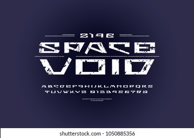 Geometric sans serif font in futuristic style. Letters and numbers with rough texture for sci-fi, military, cosmic logo and title design