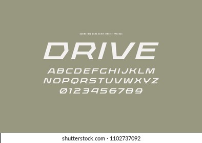 Geometric sans serif italic font in racing style. Letters and numbers for logo and title design