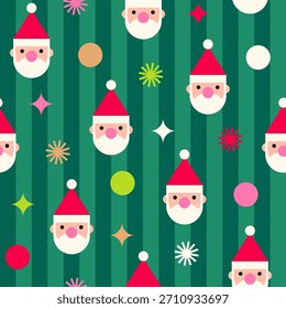 Geometric Santa Claus, dot and star with green striped seamless pattern design for Christmas and new year background.