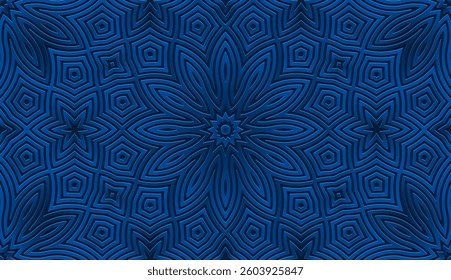 Geometric satin dark blue background, tribal cover design, ethnic banner for design. Embossed 3D pattern. Relief texture. Ornaments, arabesques, mandala of the East, Asia, India, Mexico, Aztec, Peru.