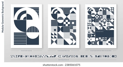 Geometric Scale Pattern. Monochrome Abstract Shape Background. Graphic Design Elements Set. Modern Bauhaus Art. Corporate Poster, Banner, Cover. Triangle, Square, Circle Forms. Bold, High Contrast