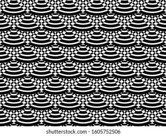 Geometric scallop fish scale triangles black white vector pattern. Abstract geometrical rhombus, triangle shapes hand drawn wallpaper design.