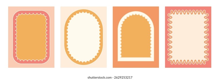 Geometric scallop frames set. Wavy groovy arch, rectangle and oval borders isolated on white background. Poster with wobbly decorative elements. Vector retro blank text box or callout illustration.