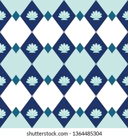Geometric scallop shell seamless diamond pattern in cool blue, turquoise and white. Seamless modern vector design for resort and spa, swimwear, beach house decor, summer travel, product packaging.