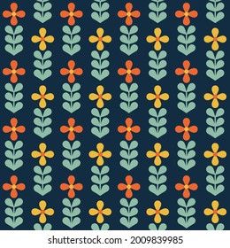 Geometric Scandi floral pattern. Nordic, Scandinavian, Swedish folk style flower illustration. Orange, yellow, green and blue design on navy background. Modern, minimal repeat wallpaper texture print.
