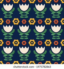 Geometric scandi floral tulip seamless vector pattern. Bold scandinavian, folk, retro, flat style illustrated flowers in yellow, orange and white on a navy blue background. Repeat wallpaper design. 