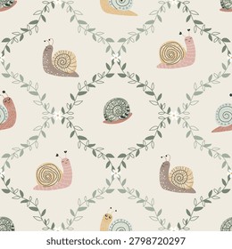 Geometric scandi snails seamless pattern with argyle branch grid. Minimalist boho baby snail vector background with watercolor textures on warm linen. Elegant holiday print for nursery textile, fabric and wallpaper.
