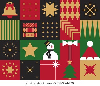 Geometric Scandinavian-inspired grid pattern with holiday elements like snowflakes, trees, and stars. Great for wrapping paper, seasonal prints, and festive decor.