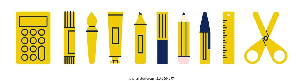 Geometric school supplies stationery icon set. Back to school. Horizontal banner. Concept of education. Vector illustration, flat design