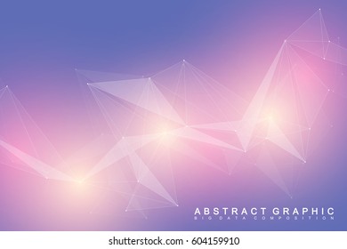 Geometric scientific background molecule and communication. Big data complex with compounds. Perspective graphic backdrop. Digital data visualization. Minimalistic chaotic design, vector illustration