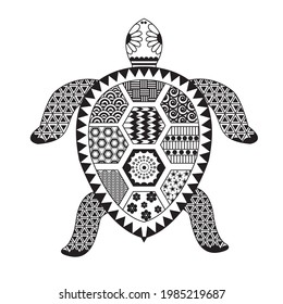 Geometric sea turtle on tortoiseshell. Art design a sea turtle. Black and white vector illustration. World Turtle Day.