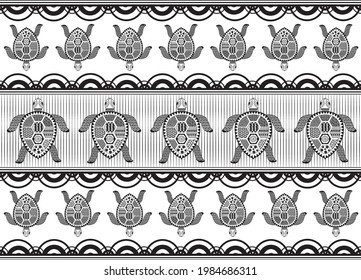 Geometric sea turtle. Stripe seamless pattern with sea underwater animals. Cute cartoon turtles. Perfect for textile print, cloth design and fabric Black and white vector illustration.