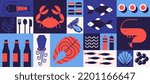 Geometric seafood background. Mosaic minimal crab shrimp fish oyster octopus salmon simple bauhaus style. Vector pattern