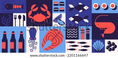 Geometric seafood background. Mosaic minimal crab shrimp fish oyster octopus salmon simple bauhaus style. Vector pattern