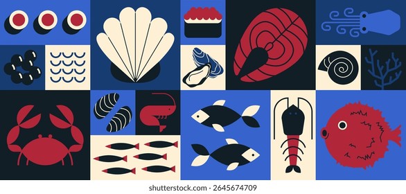 Geometric seafood pattern. Mosaic fish shrimp lobster salmon elements, abstract sea food shapes of shell, mollusk, mussels, squid, crab, marine restaurant menu design. Vector banner.