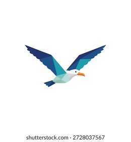 Gaviota geométrica en vuelo, icono de pájaro estilizado, símbolo abstracto de la naturaleza, alas poligonales en azul y verde azulado