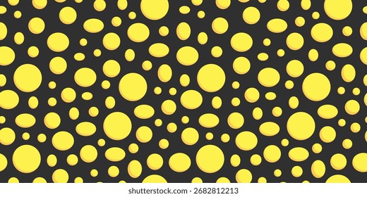 Geometric seamless abstract pattern. Big and small circles and ovals on  black background. Flat design in vector, black and yellow colors. For wallpaper, textiles, packaging, backgrounds or websites.