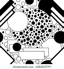 Geometric seamless abstract pattern. Circles, rectangles, ovals. Flat design in vector, black and white colors. For wallpaper, textiles, packaging, backgrounds or websites.