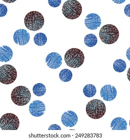 Geometric seamless abstract pattern. Denim circles on a white background. Drawn with colored pencils.