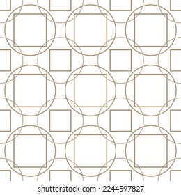 Geometric seamless abstract pattern of golden square and circle figures.