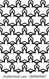Geometric seamless abstract pattern with stars arranged in a grid. Black shapes on white background.