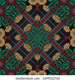Geometric seamless background of abstract flowers. Triangle pattern, repeating floral print. Botanic texture for web page background, fabric, wallpaper, scrapbook, clothing, cover, and more.