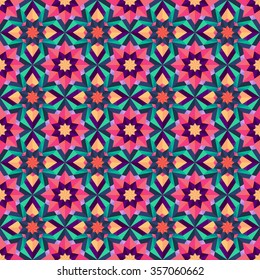 Geometric seamless background of abstract flowers. Triangle pattern, repeating floral print. Botanic texture for web page background, fabric, wallpaper, scrapbook, clothing, cover, and more. Vector