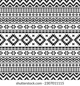 Diseño de fondo geométrico sin fisuras. Patrón étnico. Ornamento de borde. Nativos americanos, Navajo, Azteca, Mexicano. Colores en blanco y negro. Diseño textil, tejido, cortina, alfombra, adorno, fondo.