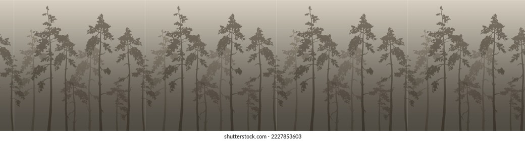 Geometric seamless background of gradient green rows of diamonds with fir tree silhouettes. Forest in the mist