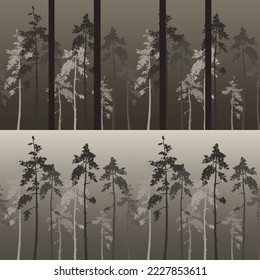 Geometric seamless background of gradient green rows of diamonds with fir tree silhouettes. Forest in the mist