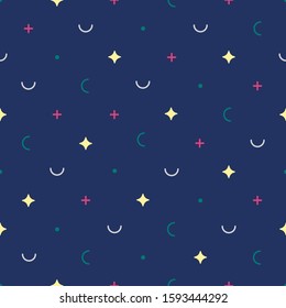 Geometric seamless background. New Memphis style. Stars and geometric shapes on dark navy backdrop