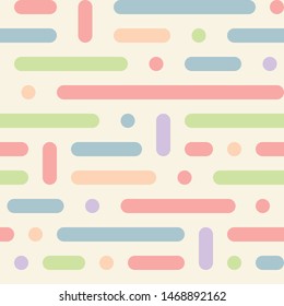 Geometric  seamless background. Rounded rectangles. Simple geometric shapes pattern. Light pink, purple, blue and green colors. Cute retro backing.
