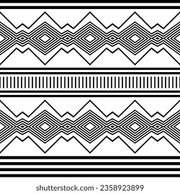 Geometric seamless background with set of white and black borders. Abstract horizontal ethnic pattern. Minimalistic style. For wallpaper, wrapping paper, fabric, tile, embroidery. Vector illustration.