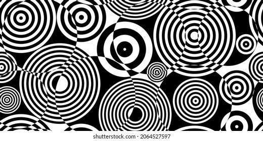Geometrischer, nahtloser schwarz-weißer Hintergrund mit Streifen. Für die Gestaltung von Verpackung, Tapete, Stoff, Web. Visuelle Verzerrung. Optische Illusion. Op Art.