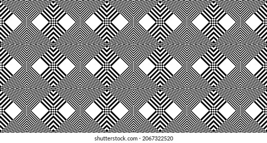 Fondo geométrico transparente blanco y negro con cuadrangulos rayados. Para el diseño de embalajes, papel pintado, tela, web. Distorsión visual. Ilusión óptica. Op art.