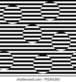 Geometric seamless black and white background with stripes and circles. For the design of packaging, wallpaper, fabric, web.