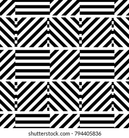 Geometric seamless black and white background with stripes. For the design of packaging, wallpaper, fabric, web. Visual distortion.