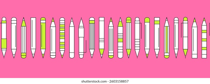 Geometric seamless border with pencils . School seamless pattern of lineart stationery for write. Sketch background of kids education concept with pencils, vector modern illustration