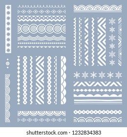 Geometric seamless borders. Hand drawn brushes set. Greeting ornaments, patterns collection.