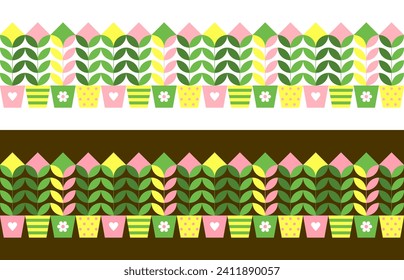 Geometric seamless borders of plants with green leaves and flowers. Abstract modern floral ornament with houseplants in pots in minimal style for seed packages, posters, covers. Vector illustration